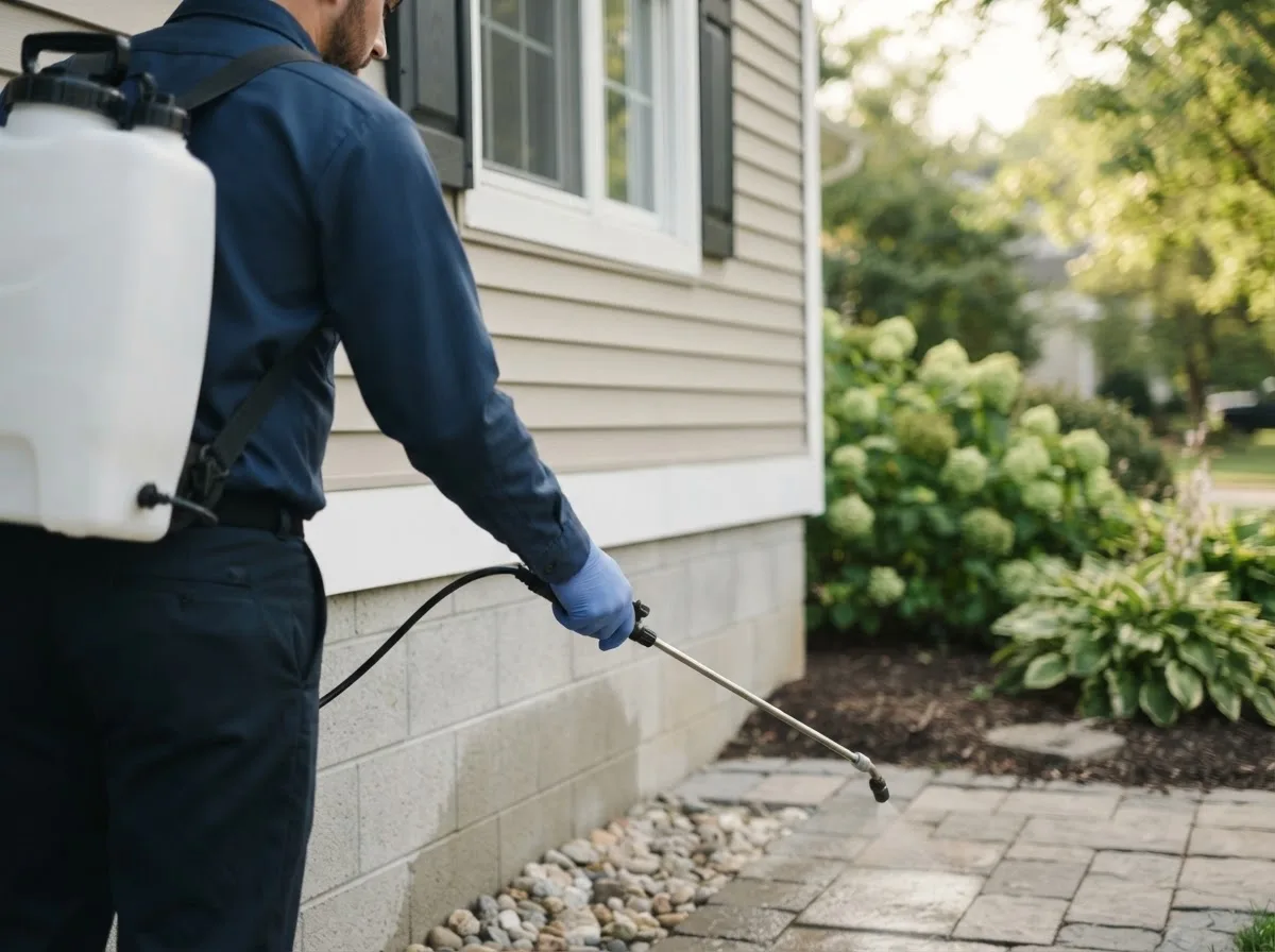 Pest control technician inspecting a home in Eldred, IL